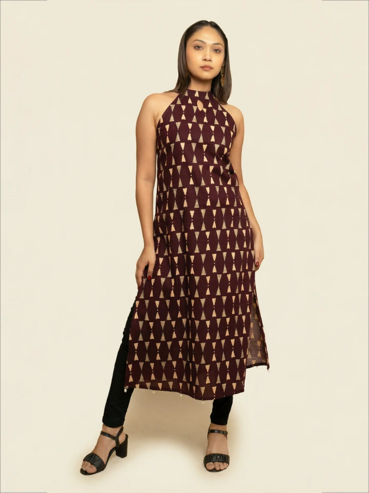 Maroon Printed Cotton Halter Neck Kurta