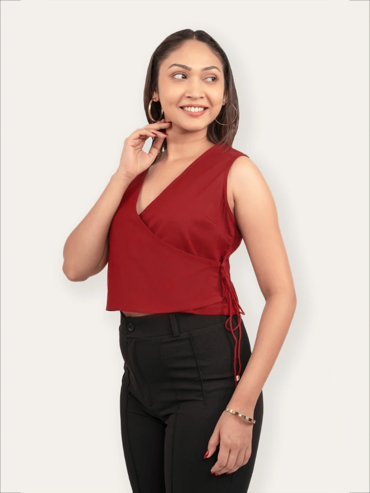 Maroon V-Neck Cotton Crop Top With Sleek Fit