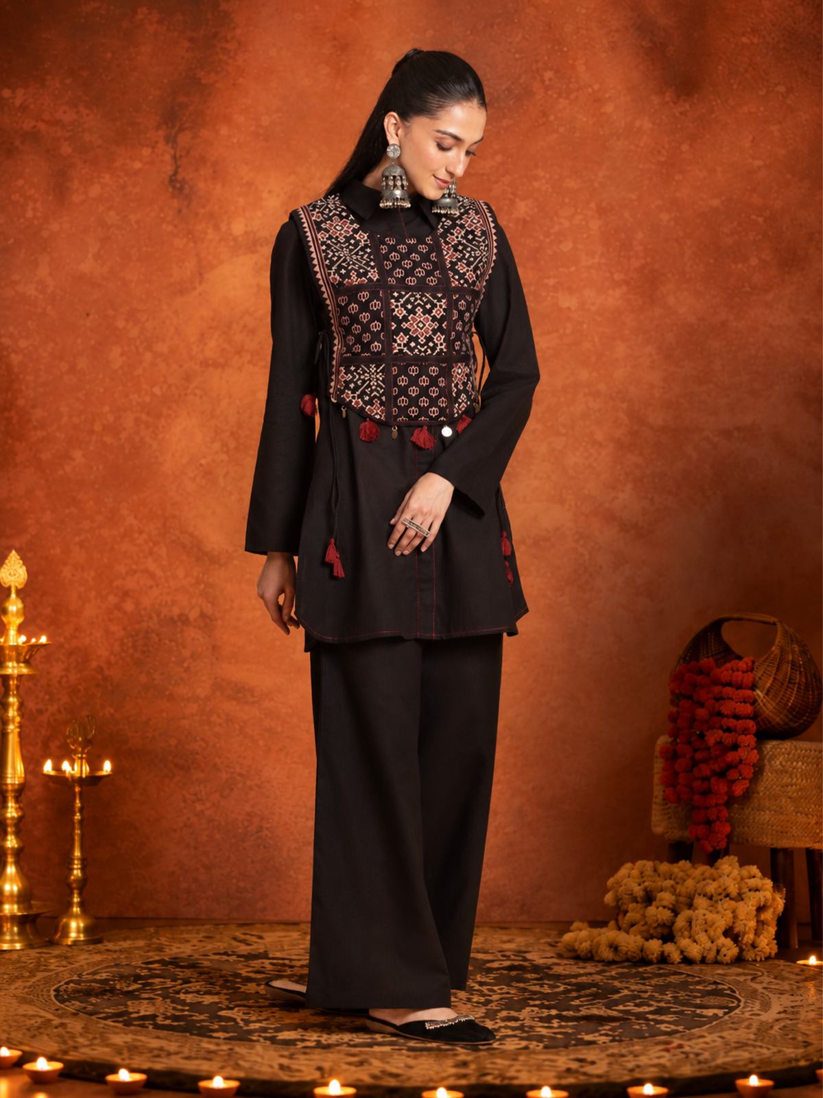 Black Cotton Kurta, Pants & Ajrakh Apron Ethnic Co-Ord Set