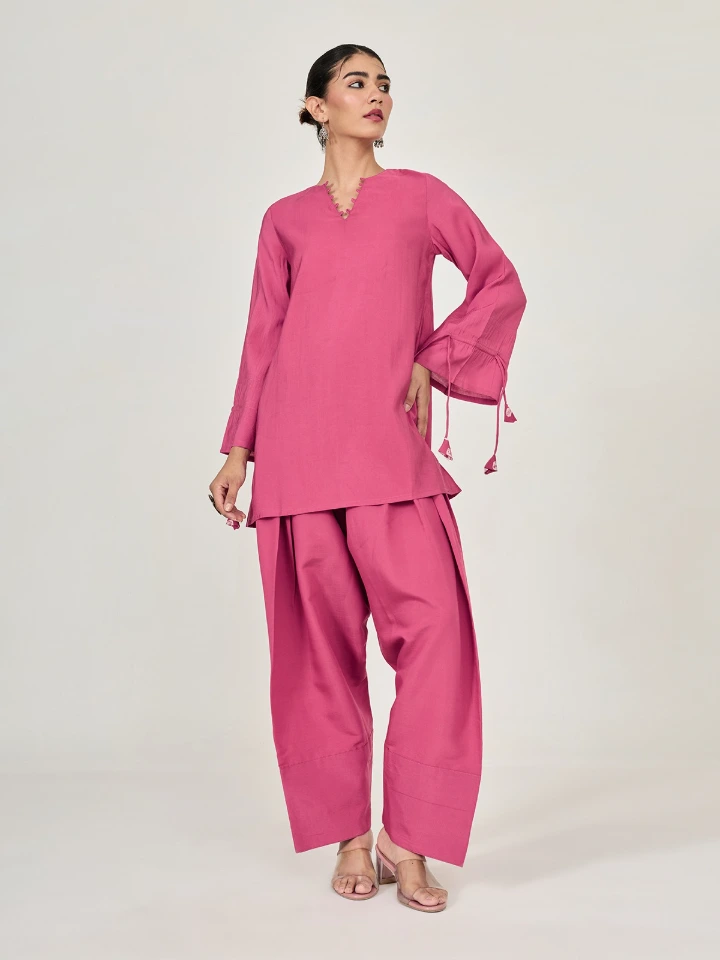 Pink A-Line Kurta & Farshi Pants Set