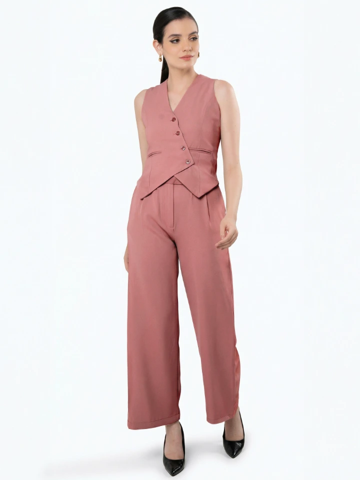 Peach Asymmetric Waistcoat With Flared Pant