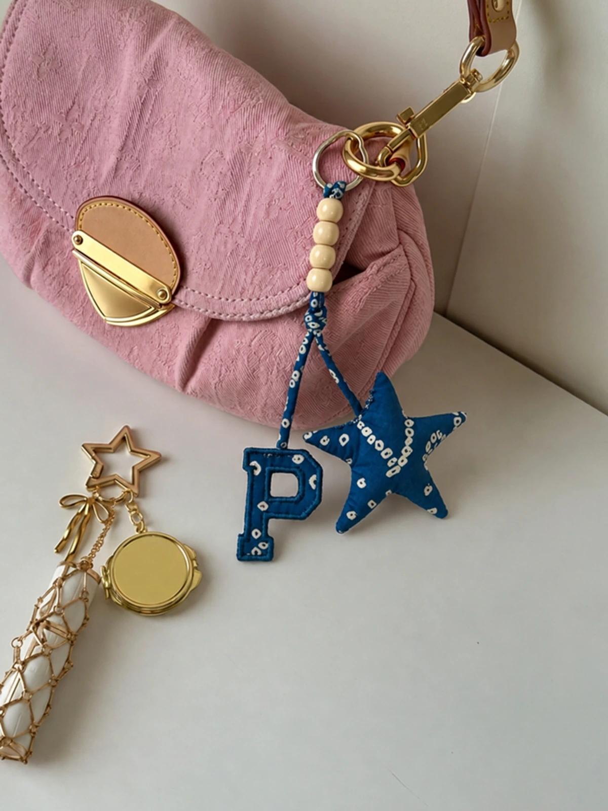 Blue Bandhani Customizable Letter Keychain With Tassel and Star Charm thumbnail 3