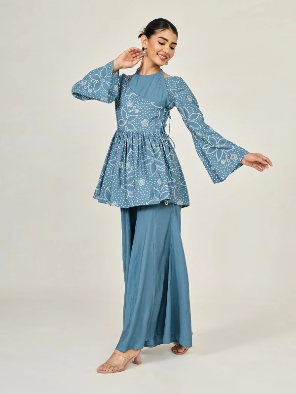 Blue Bandhani Printed Angrakha Top & Flared Palazzo Co-Ord Set 2