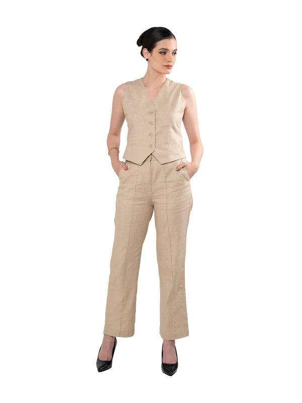 Beige Linen-Blend Waistcoat Coord Set For Formal Wear 1