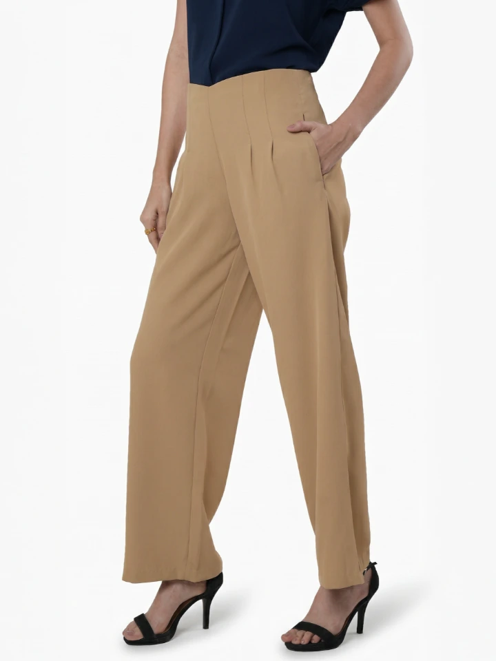 Beige High-Rise Trousers With Loose Fit And Solid Finish