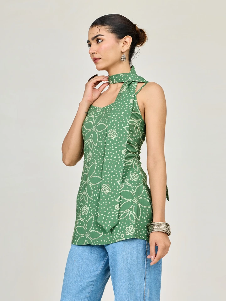 Green Bandhani Printed Kurti and Scarf