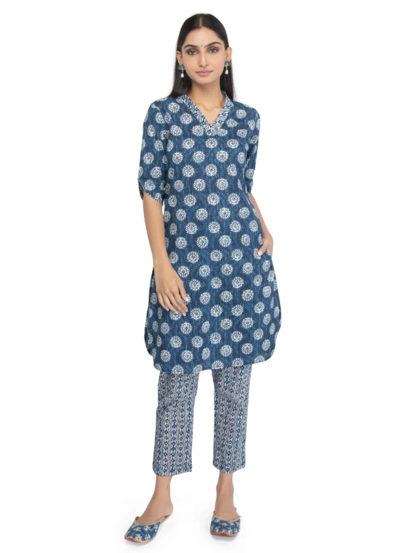 Indigo Cotton Straight-Cut Printed Kurta With Pant Set 1