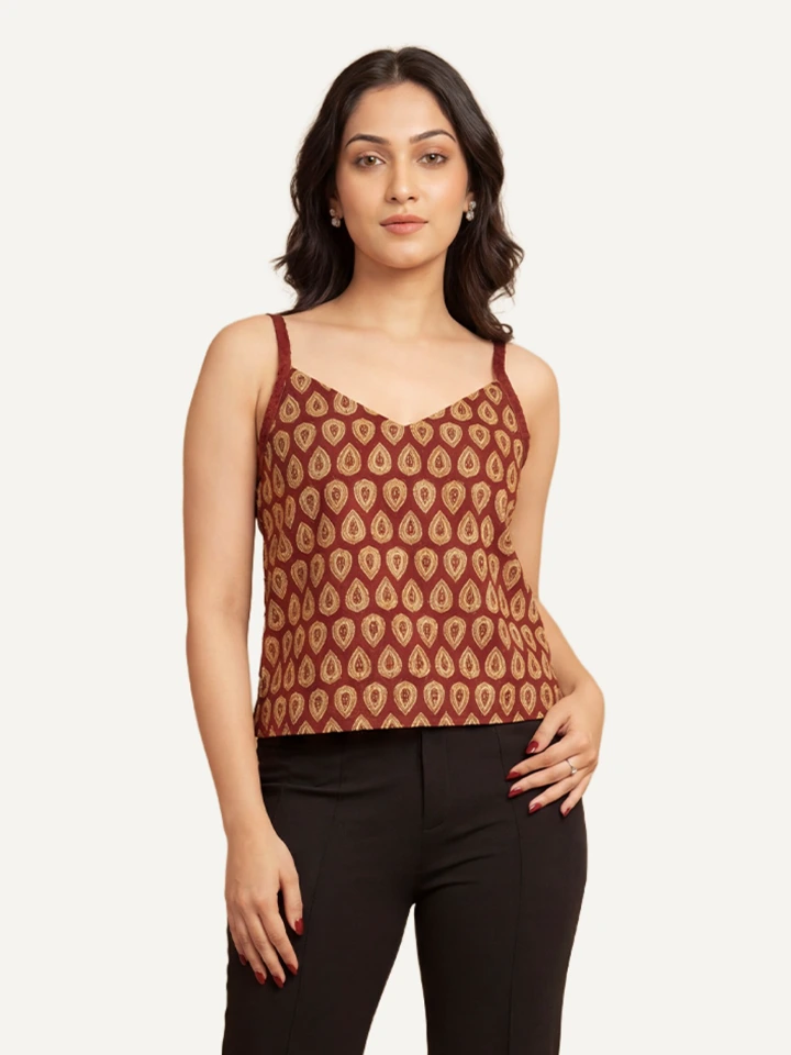 Maroon Printed Cotton Tank Top For Women