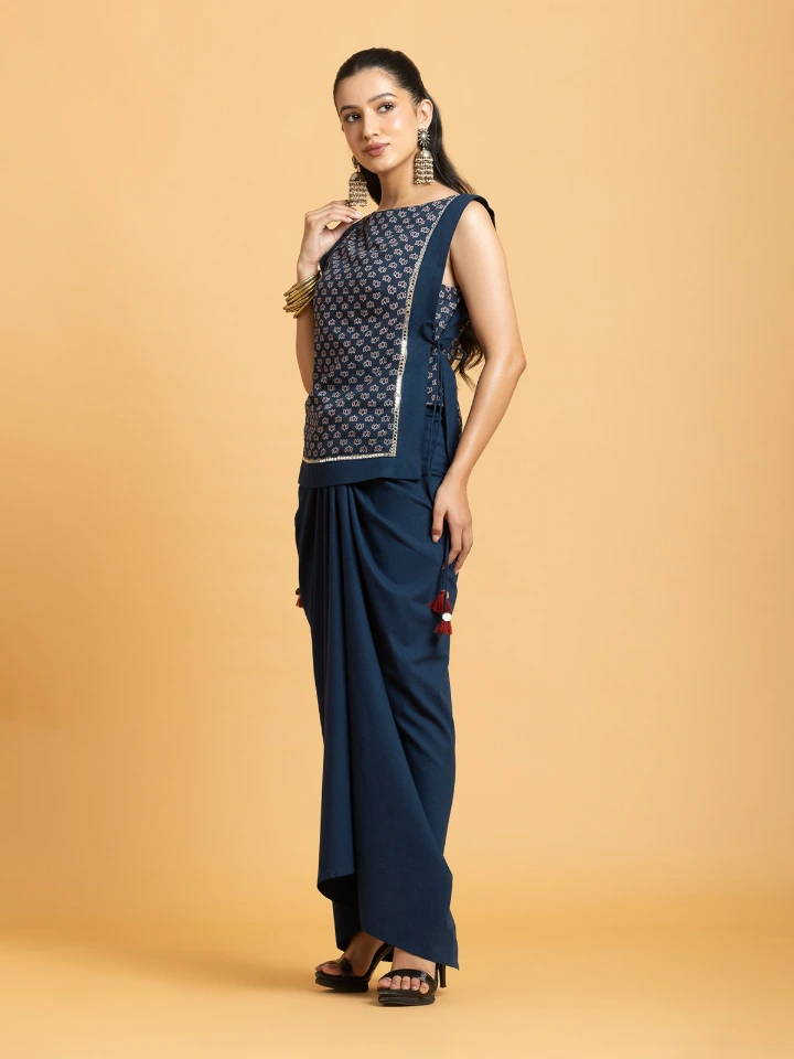 Navy Blue Ajrakh Lotus Print Apron Top & Drape Skirt Ethnic Co-ord Set