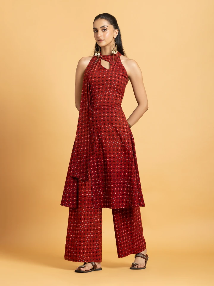 Maroon Sleeveless A-Line Halter Kurta With Wide-Leg Pants Set