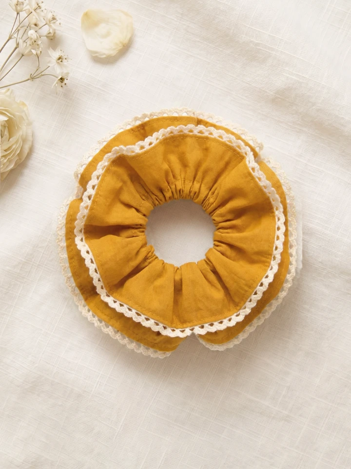 Mustard Yellow Double Layer Scrunchie With Lace Trim
