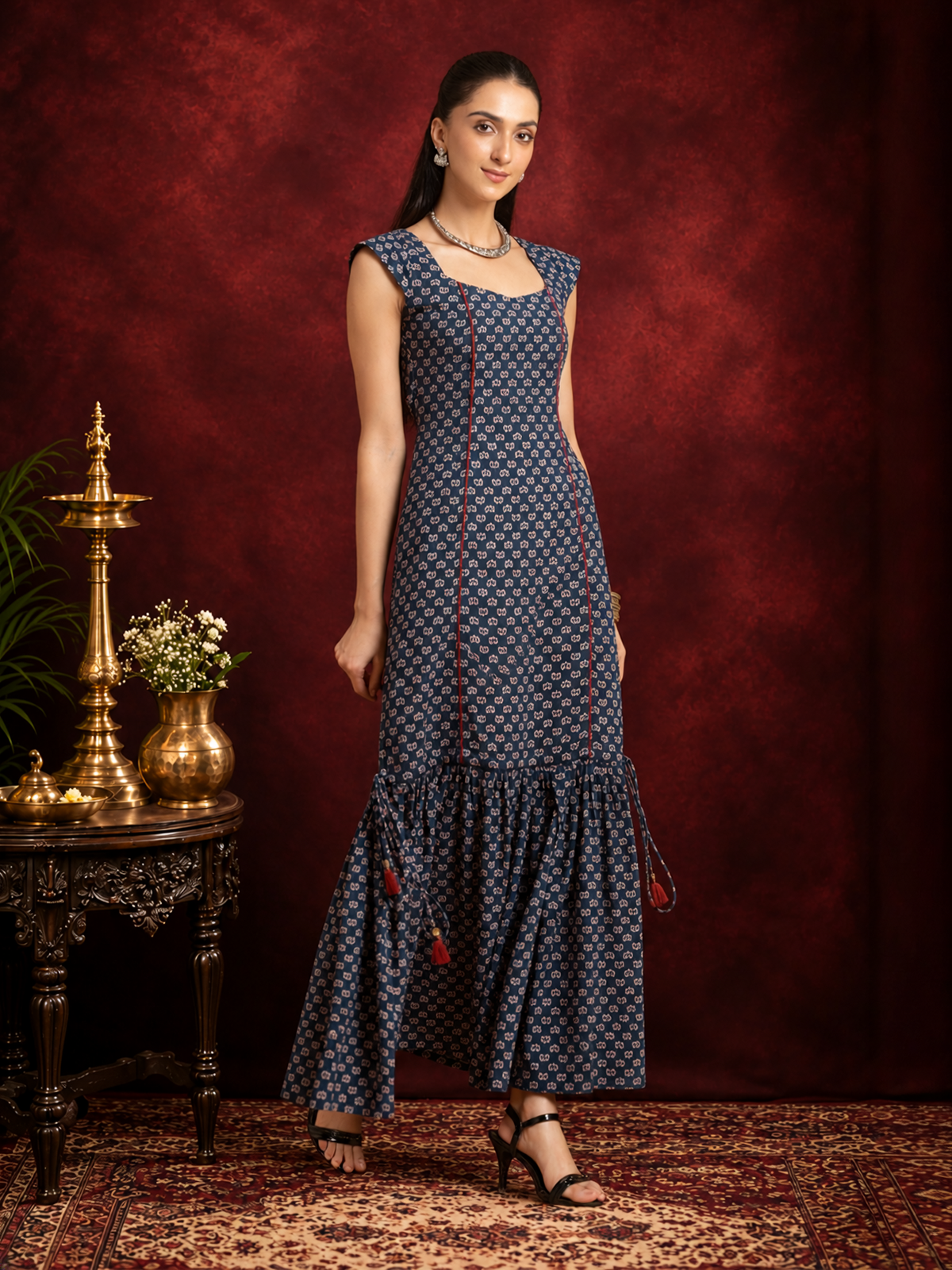 Navy Blue Ajrakh Printed Convertible Fit-and-Flare Dress