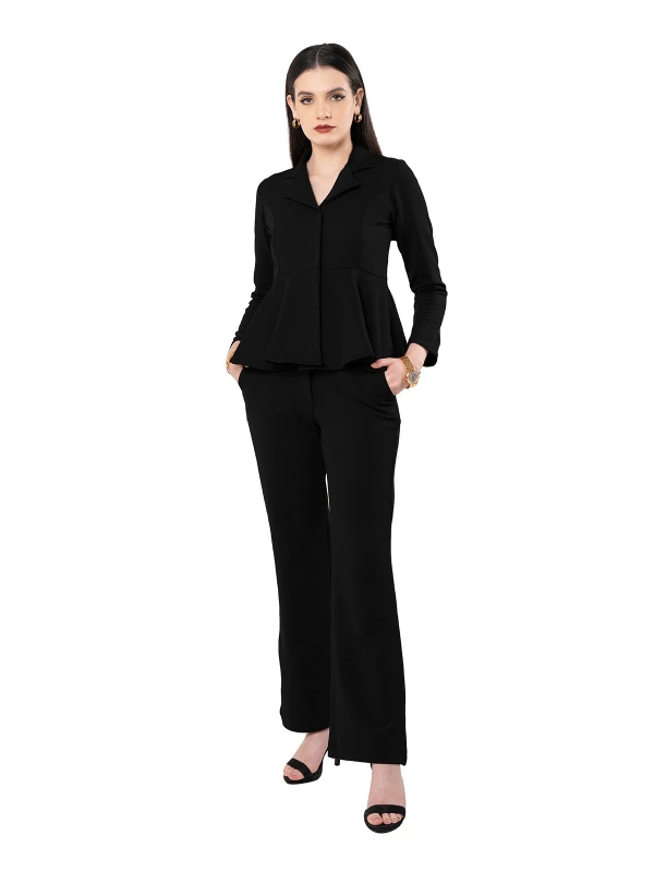Black Peplum Top And Flared Pant Co-Ord Set 6