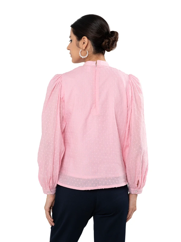 Pink Top With Mandarin Collar And Bishop Sleeves 3