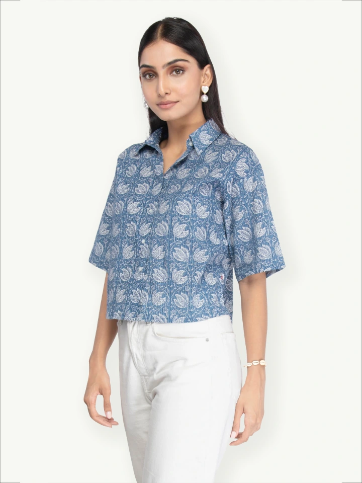 Blue Cotton Floral Crop Shirt With Stand Collar