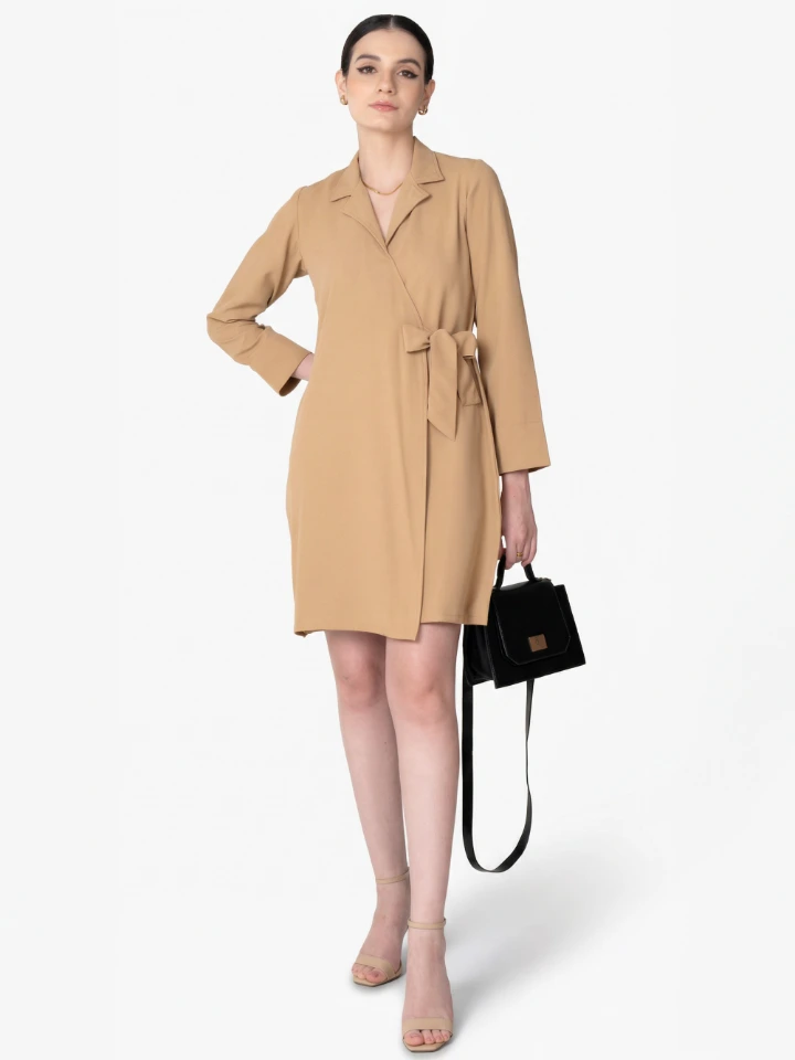 Beige Lapel Collar Dress With Front Tie Detail