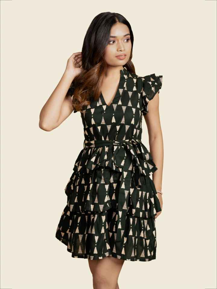 Green Printed Cotton Layered Mini Dress