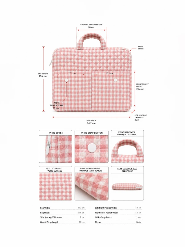 Light Pink Gingham Print Laptop Sleeve Bag with Two Utility Pockets for MacBook 6