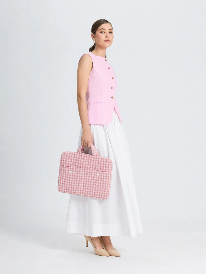 Light Pink Gingham Print Laptop Sleeve Bag with Two Utility Pockets for MacBook