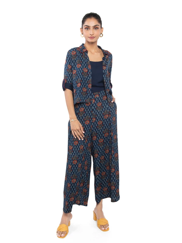 Blue Viscose 3-Piece Set With Floral Shirt, Inner, And Pants 2