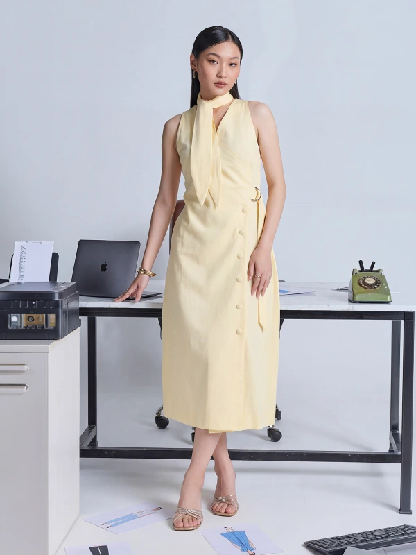 Yellow Straight Fit Formal Dress With Scarf Tie 2