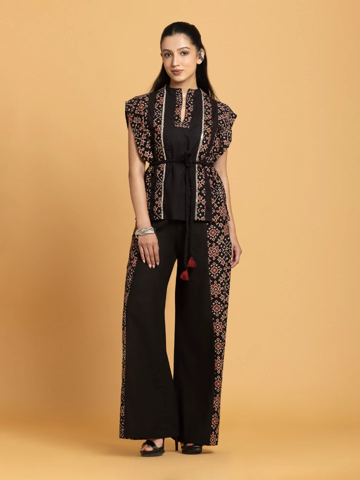 Black Ajrakh Panelled Peplum Top & Wide-Leg Trousers Ethnic Co-ord Set