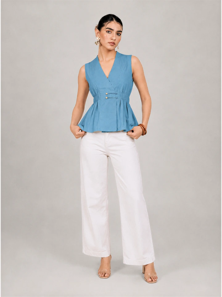 Blue Solid Sleeveless Wrap Top