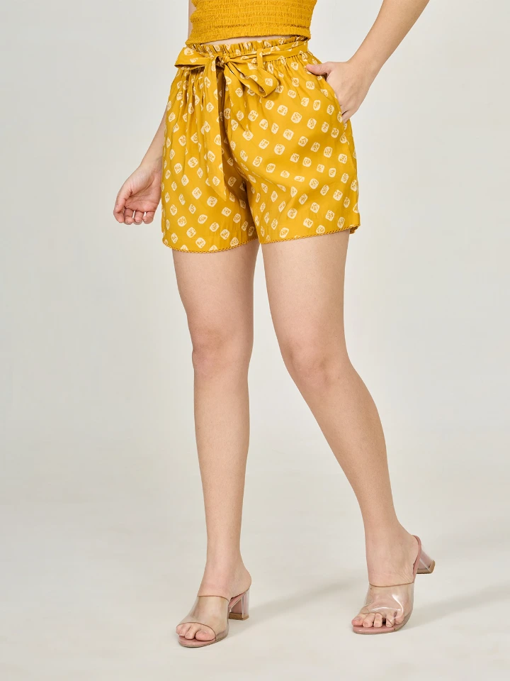 Yellow Bandhani Printed Shorts For Women
