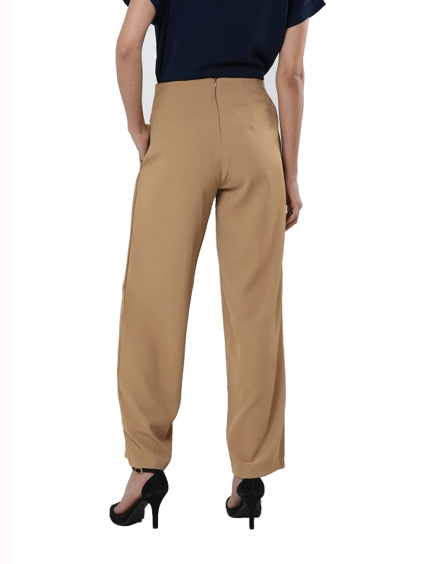 Beige High-Rise Trousers With Loose Fit And Solid Finish 3