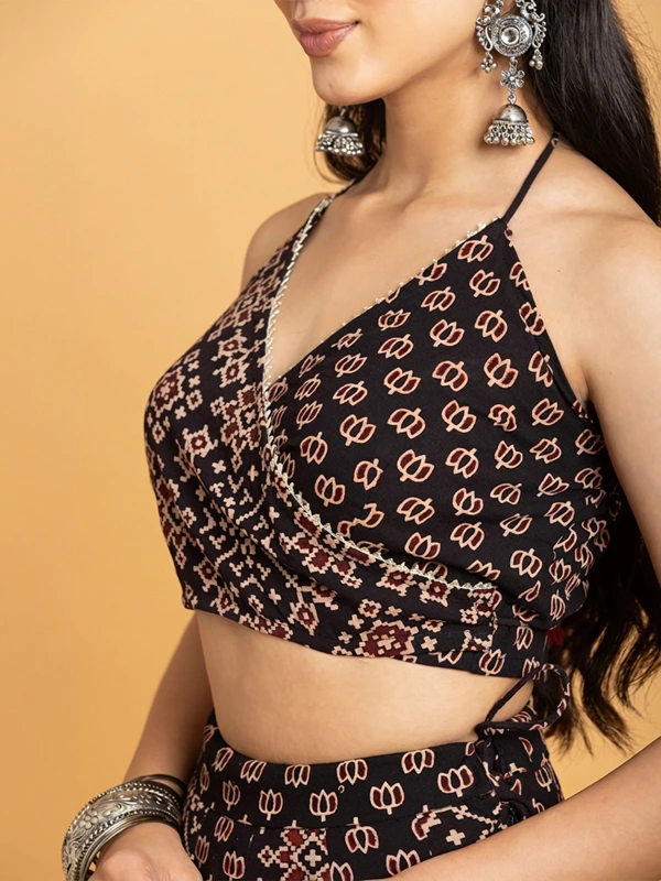 Black Ajrakh Wrap Halter Top & Flared Maxi Skirt Lehenga Set 3