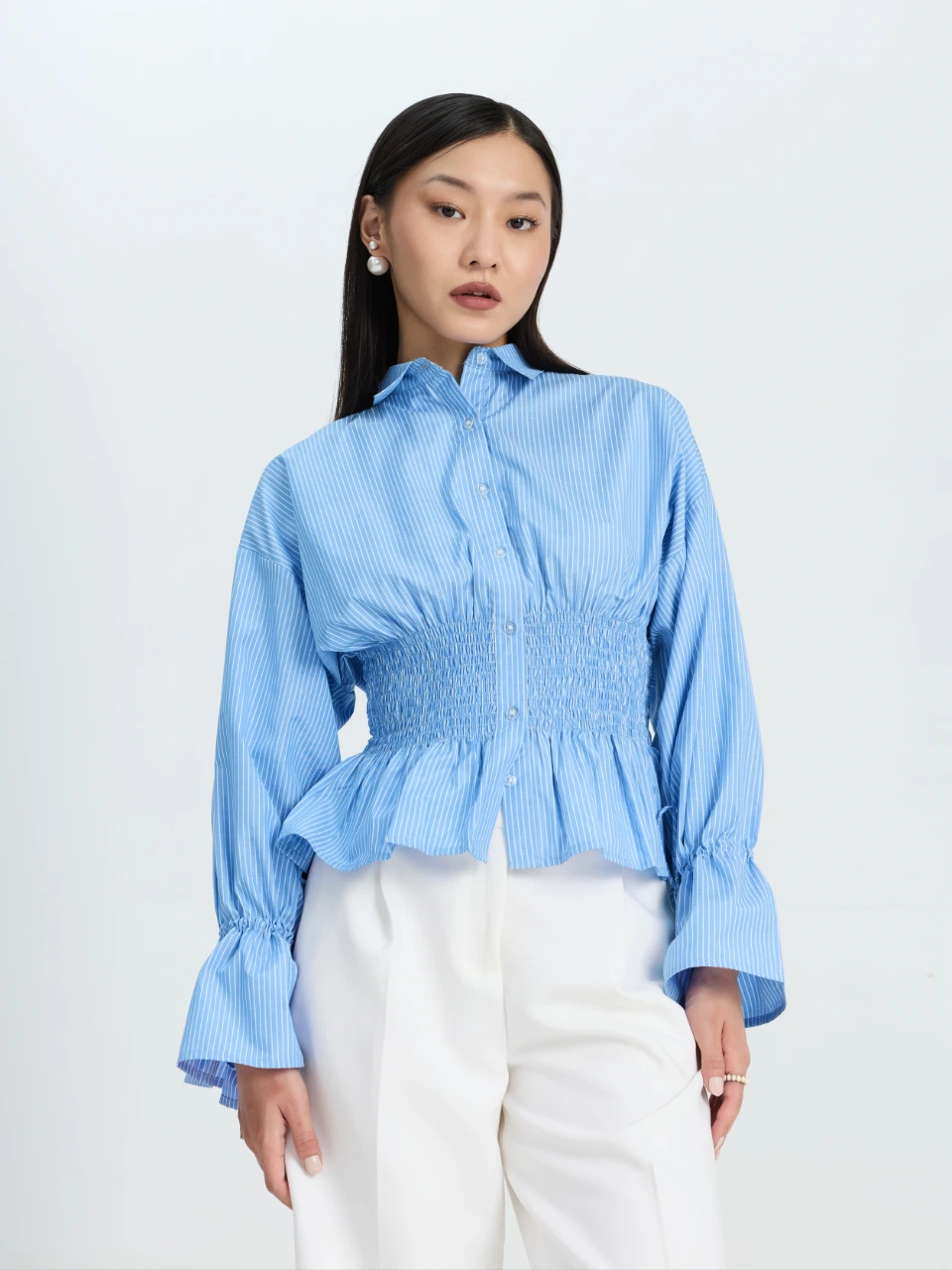 Striped Formal Shirt with Smocked Waist