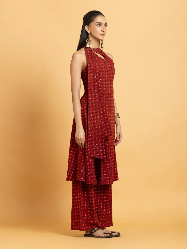 Maroon Sleeveless A-Line Halter Kurta With Wide-Leg Pants Set 4