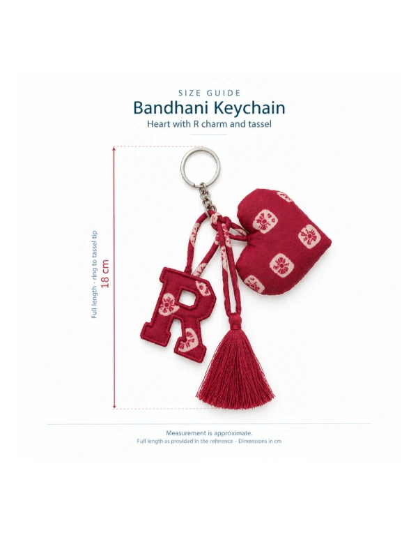 Pink Bandhani Customizable Letter Keychain With Tassel and Heart Charm 2