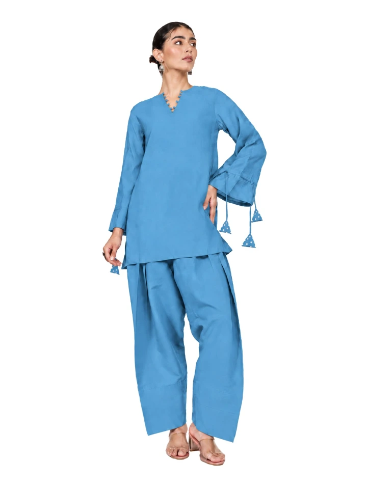 Blue A-Line Kurta & Farshi Pants Set