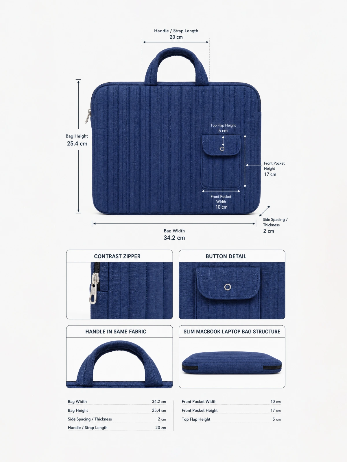 Navy Blue Textured Laptop Sleeve Bag With Utility Pocket for MacBook thumbnail 7