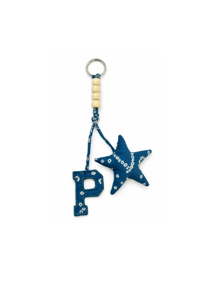 Blue Bandhani Customizable Letter Keychain With Tassel and Star Charm