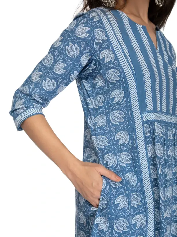 Blue Cotton Floral Kurta With Straight Pant Set 5