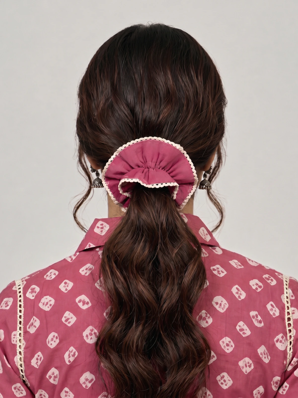 Pink Double Layer Scrunchie With Lace Trim thumbnail 3