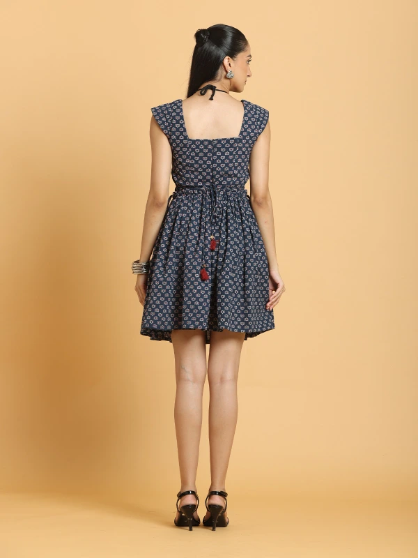 Navy Blue Ajrakh Printed Convertible Fit-and-Flare Dress 8