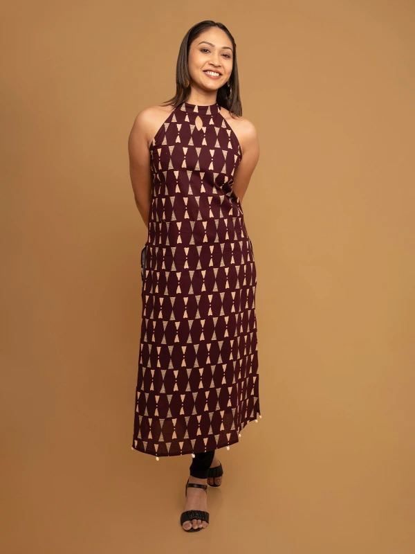 Maroon Printed Cotton Halter Neck Kurta 2