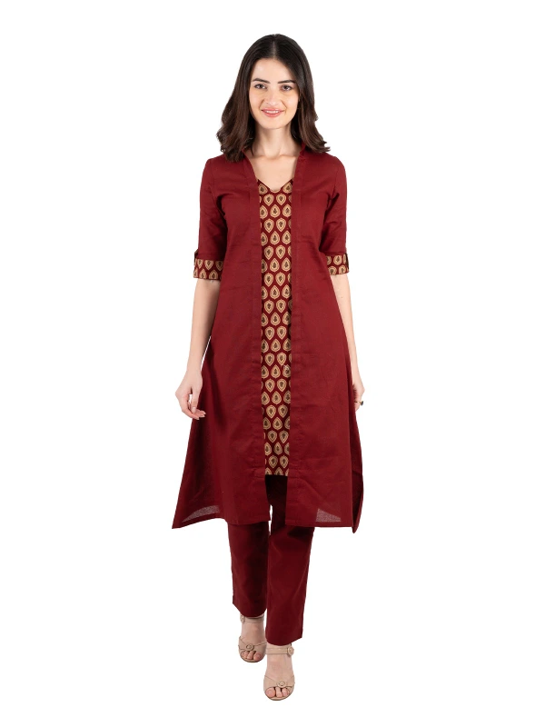 Maroon Cotton A-Line Kurta Pant Set 1