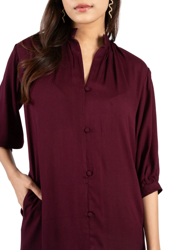 Burgundy Rayon Shirt Dress With Bishop Sleeves 3