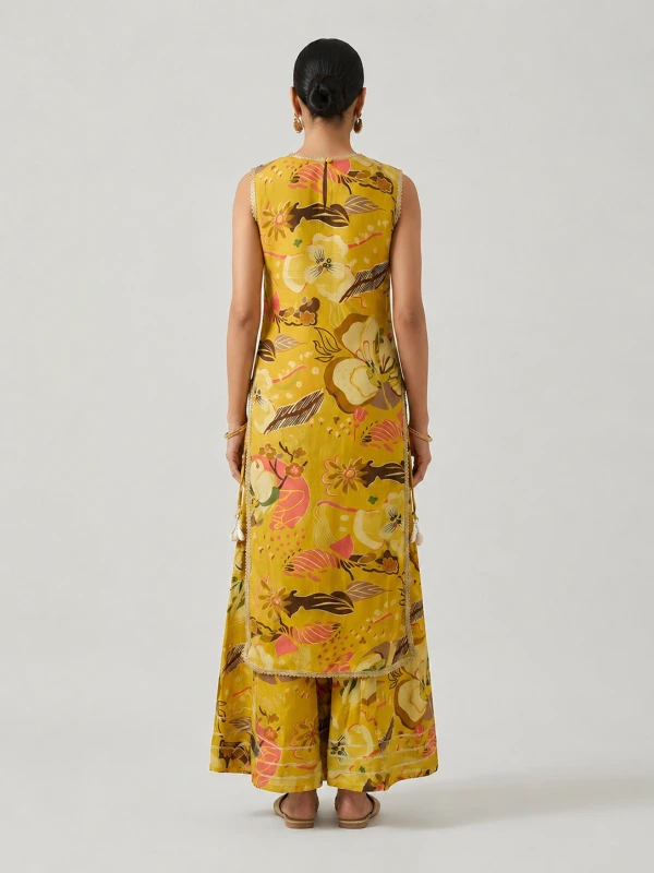 Yellow 3-Piece Ethnic Co-Ord Set With Kurti Crop Top and Flared Pants 5