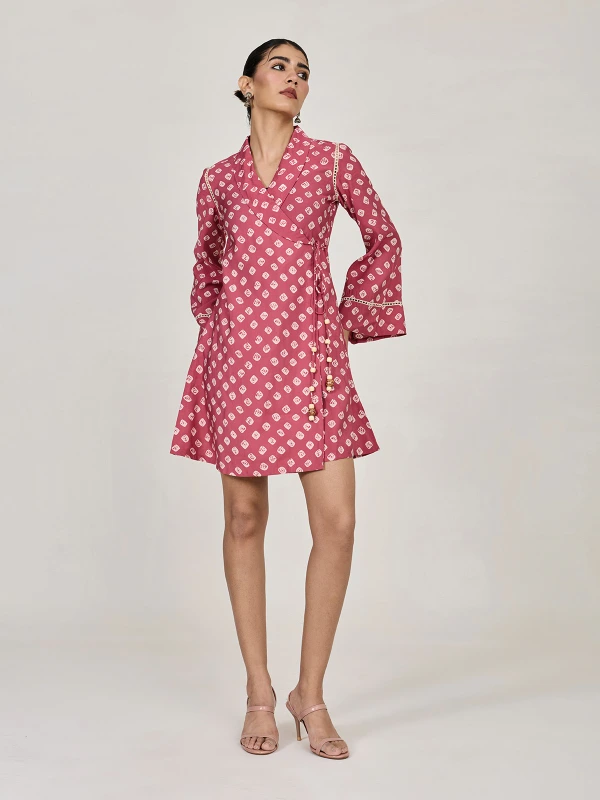 Pink Bandhani Printed Wrap Dress With Bell Sleeves 4