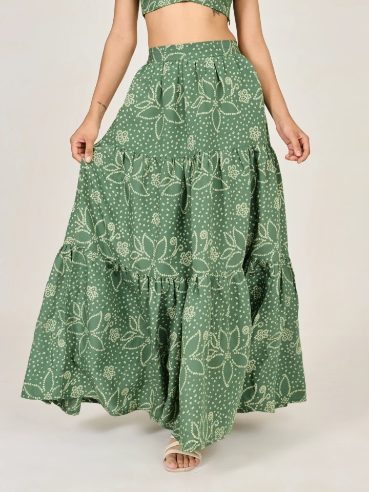 Green Bandhani Printed Tiered Prairie Skirt