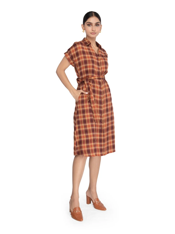 Brown Shirt Dress With Checked Pattern 2