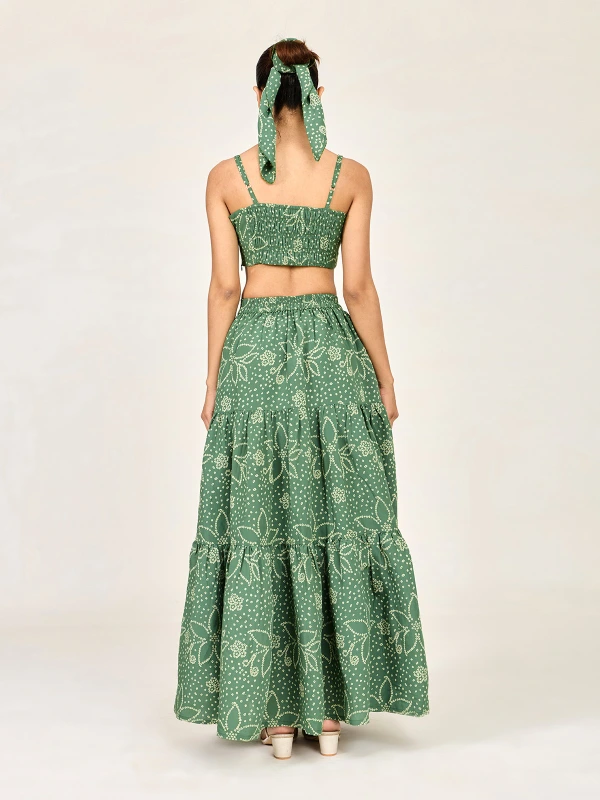 Green Bandhani Printed Crop Top & Tiered Prairie Skirt Co-Ord Set 6