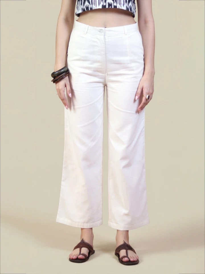 Off White Cotton Straight Fit Pants