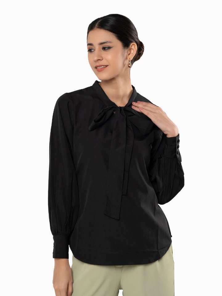 Black Crepe V-Neck Top With Ties And Bishop Sleeves