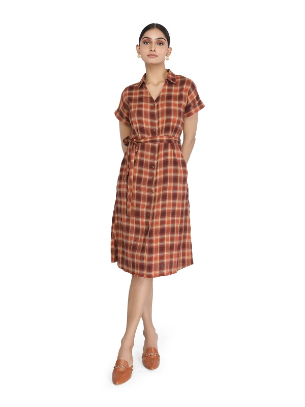 Brown Shirt Dress With Checked Pattern 3